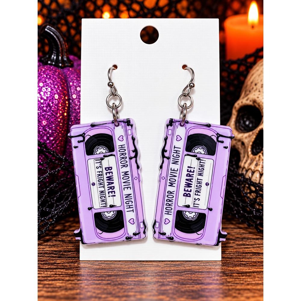 Purple VHS Earrings Horror Movie Night Halloween Retro Dangle Earrings